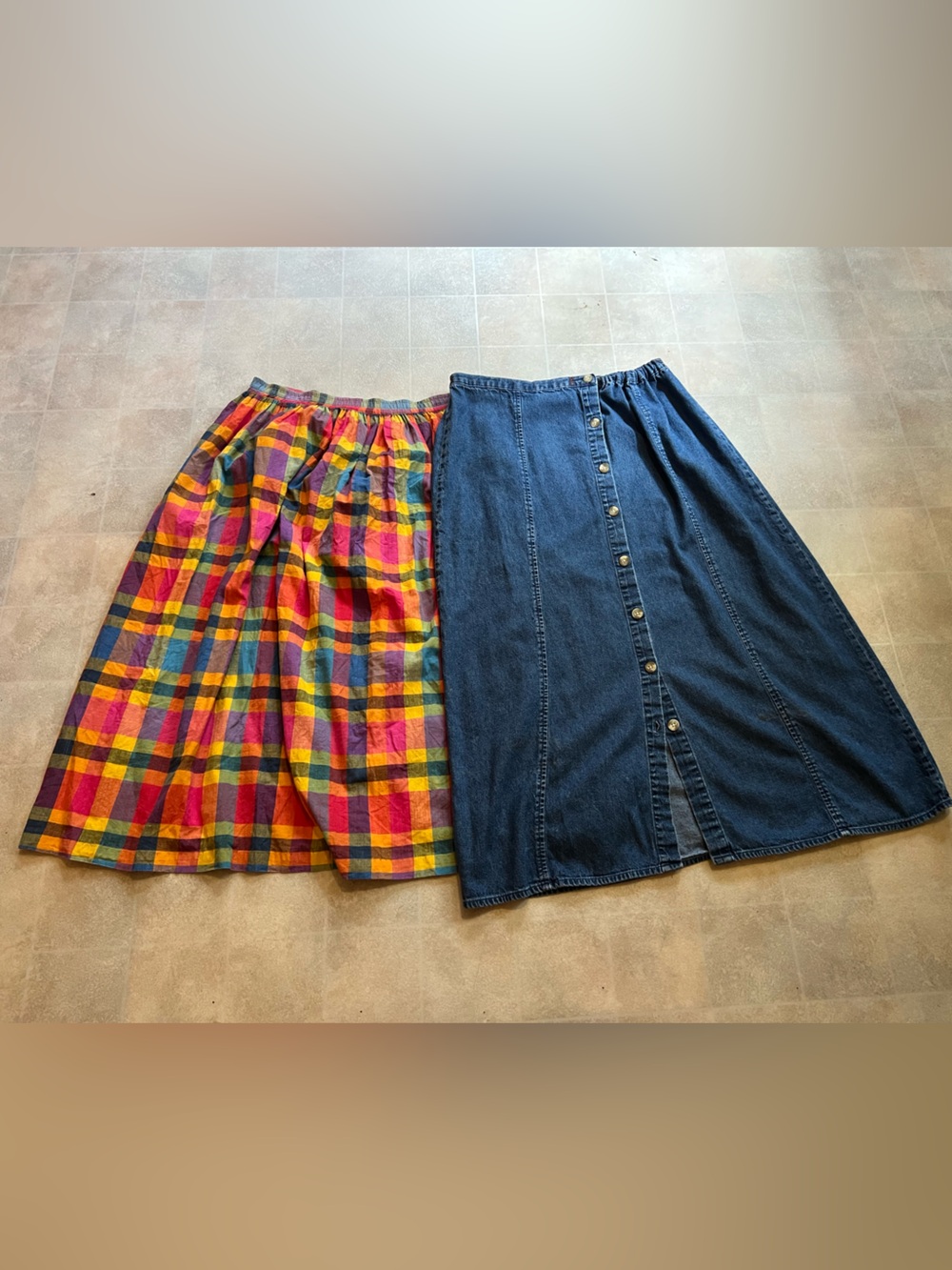 Women's Plaid Cotton Skirt and Denim Button-Front Skirt Duo